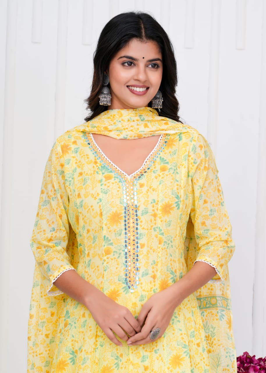 Pure Mull Cotton Shoulder Anarkali Floral Print 3pc Set Yellow Color