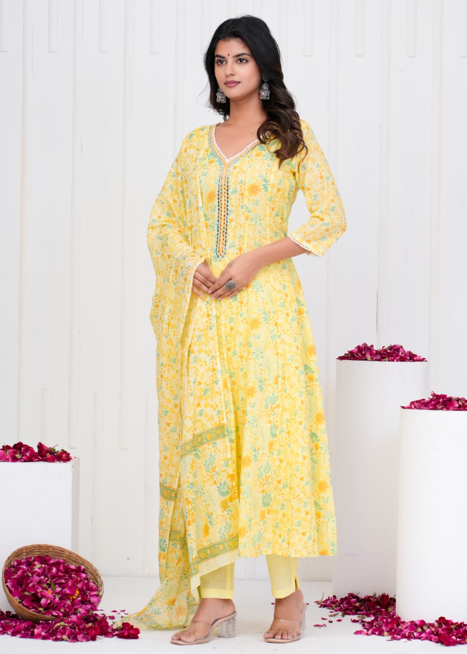 Pure Mull Cotton Shoulder Anarkali Floral Print 3pc Set Yellow Color