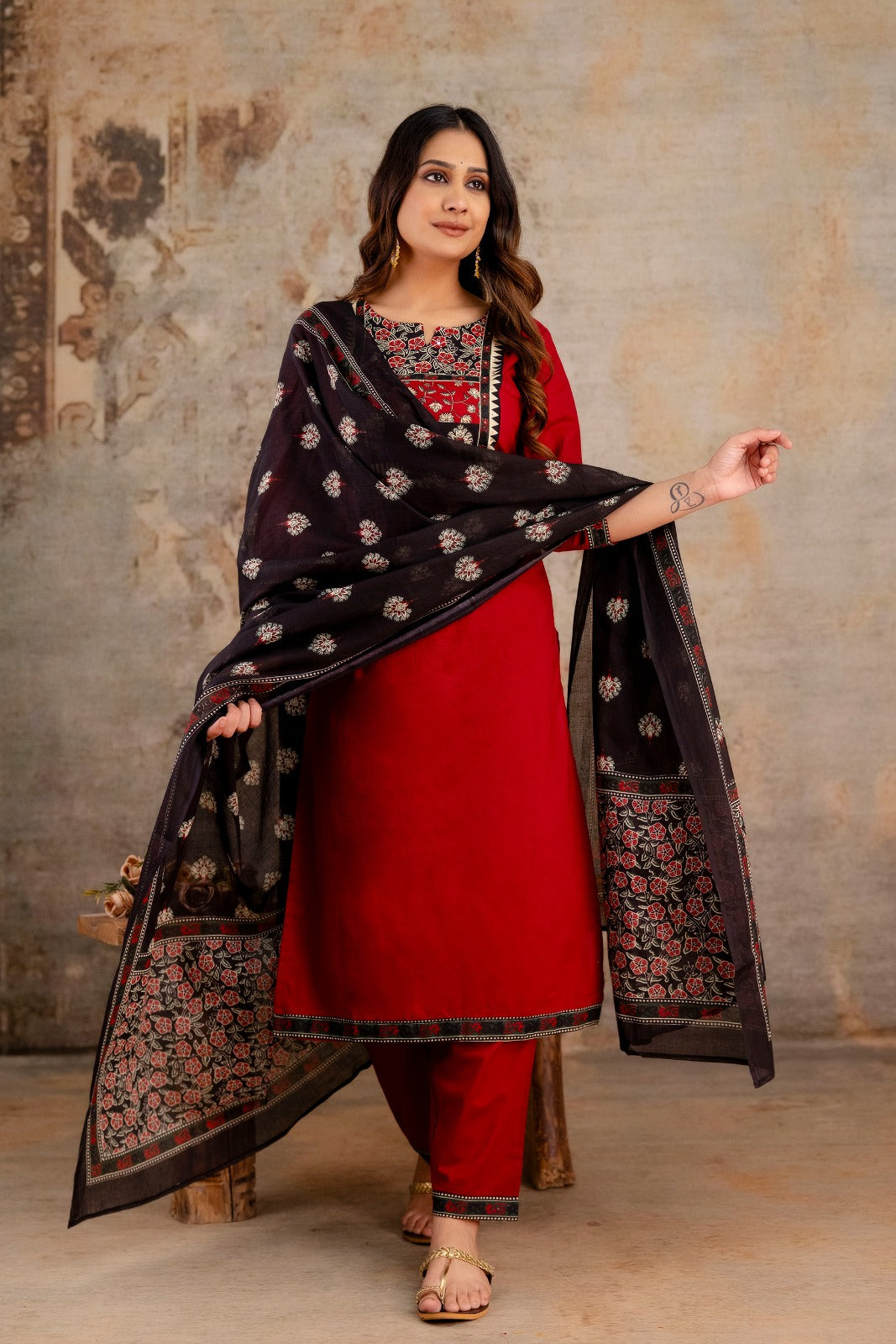 Pure Jaipuri Cotton Ajarak Print 3pc Set Maroon Color