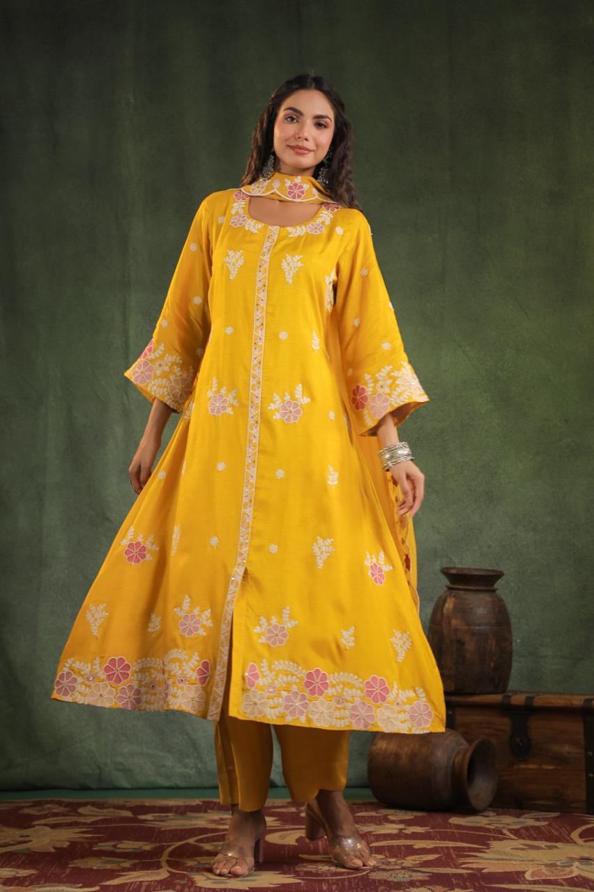 Pure Russian Silk Thread Work 3pc Set Viscoce Organza Duppta Yellow Color