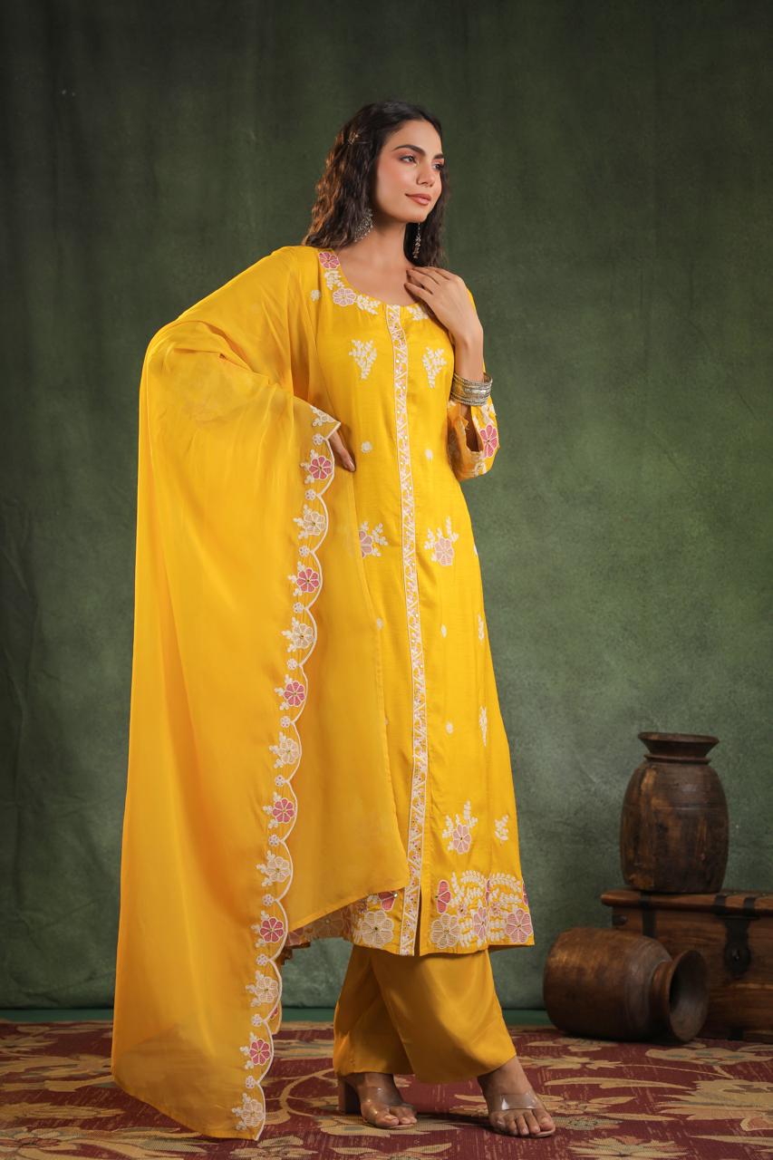 Pure Russian Silk Thread Work 3pc Set Viscoce Organza Duppta Yellow Color