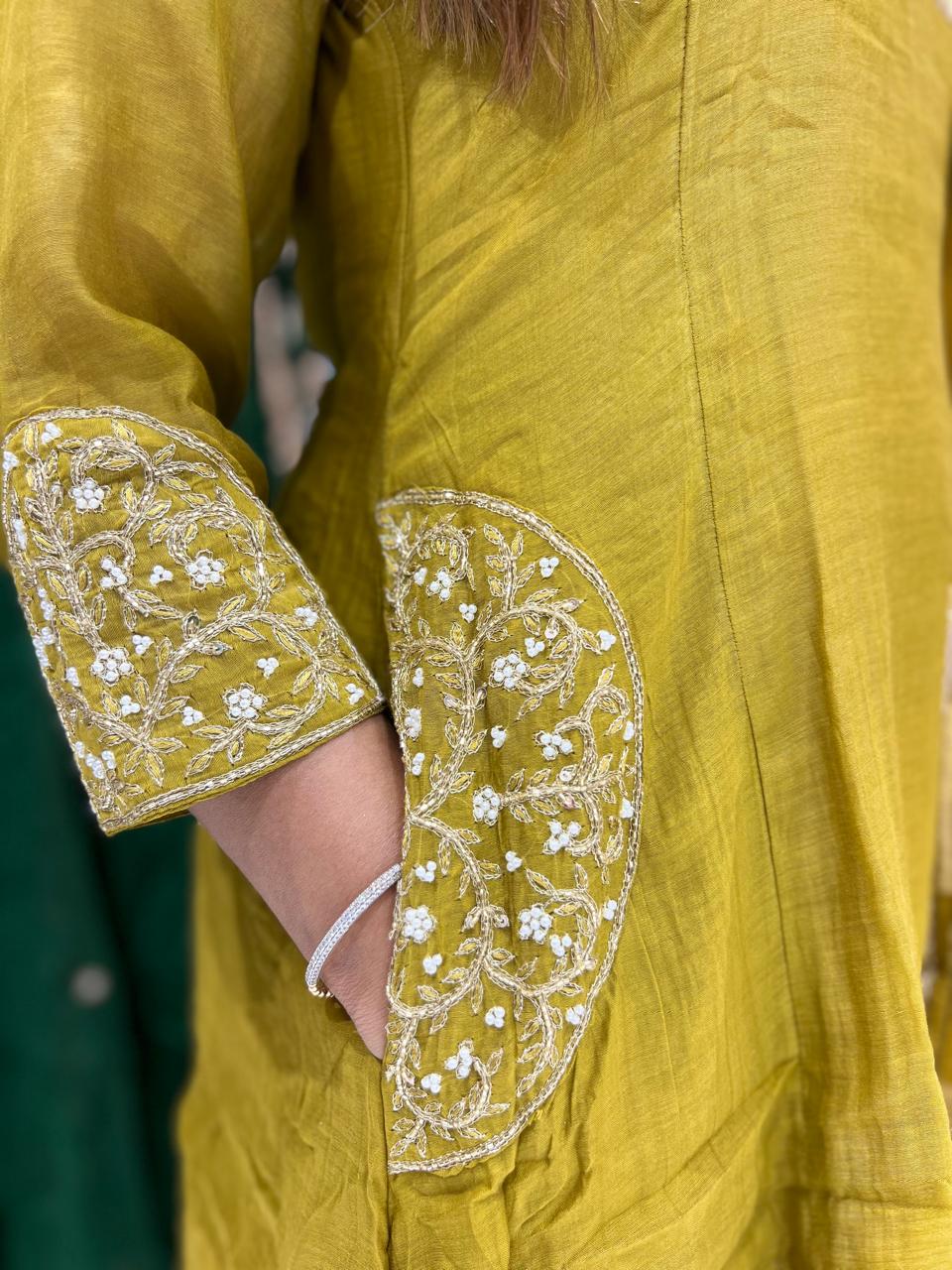 Pure Banaras Mull Chanderi Pearl Handwork Party Wear 3pc Set Mahendi Yellow Color