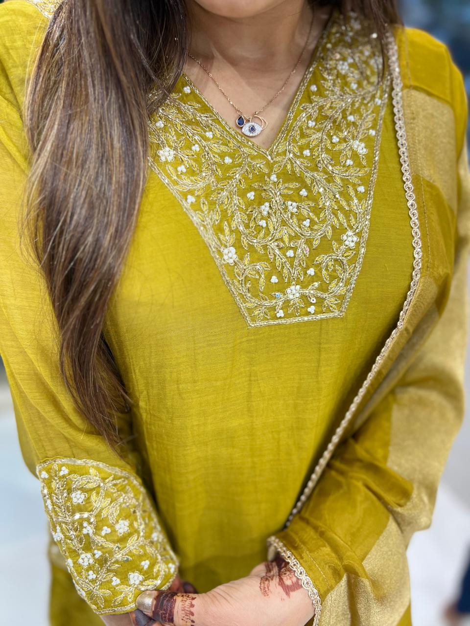 Pure Banaras Mull Chanderi Pearl Handwork Party Wear 3pc Set Mahendi Yellow Color