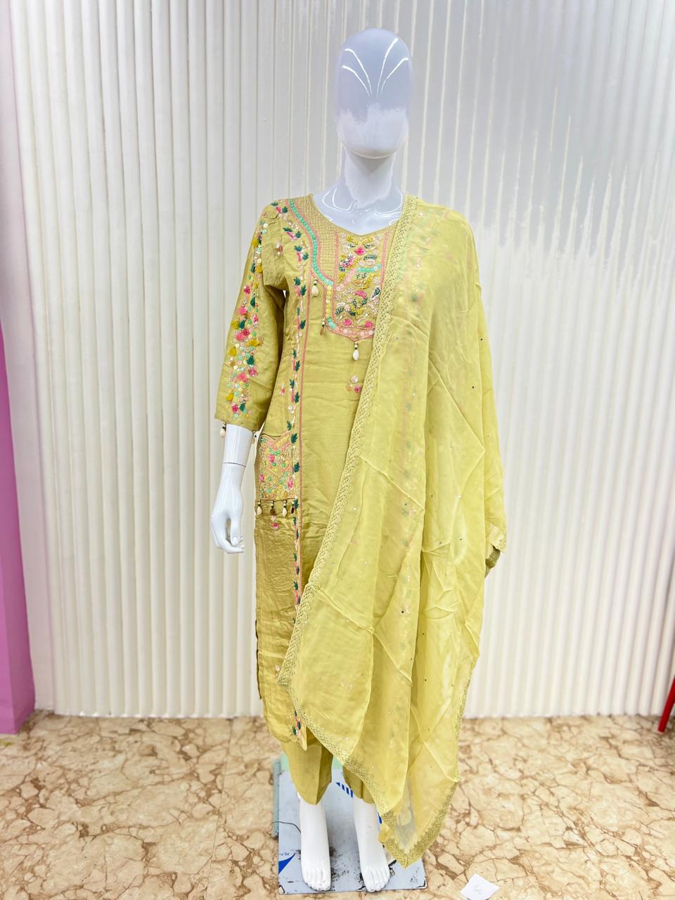 Pure Dola Silk Pearl Handwork Party Wear 3pc Set Light Pista Green Color