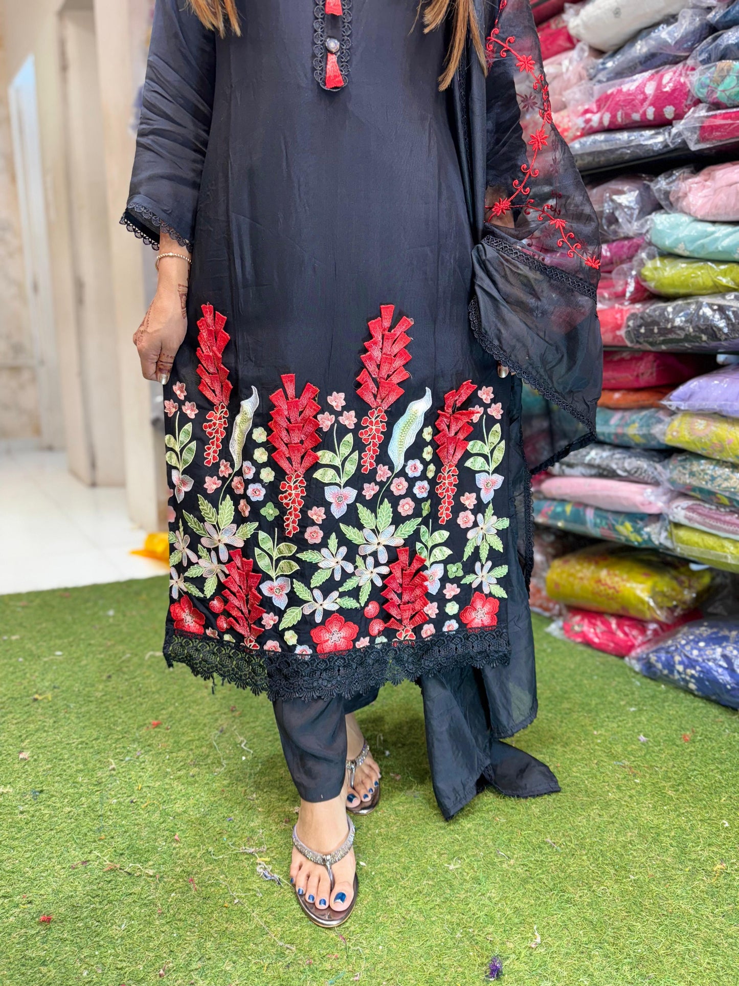 Pure Muslin Pakistani 3D Flowers 3pc Set Black Color