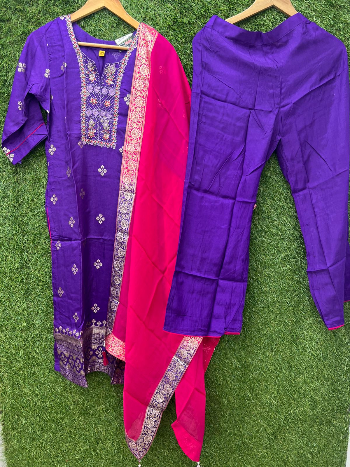 Pure Dola Silk Floral Print 3pc Set Purple Color