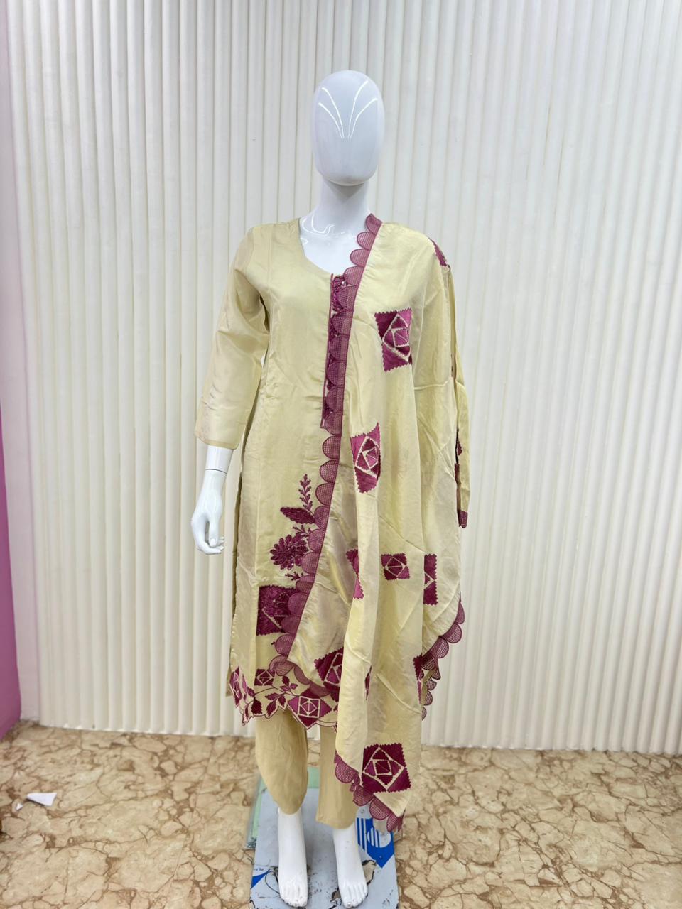 Pure Simmer Tissue HandWork Party Wear 3pc Set Ivory Color
