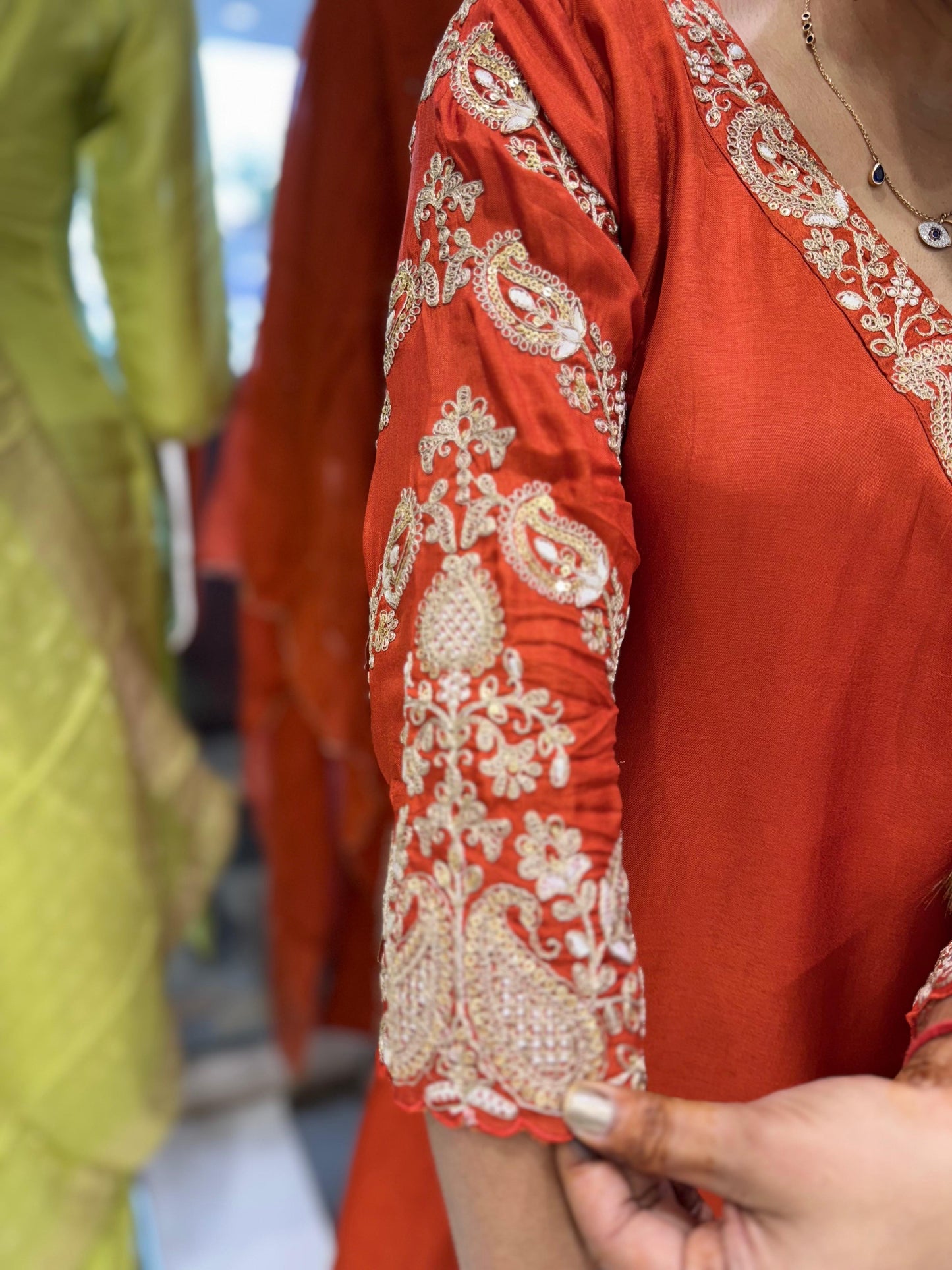 Pure Dola Silk Angrakha Anarkali Festive Wear 3pc Suit Orange Color