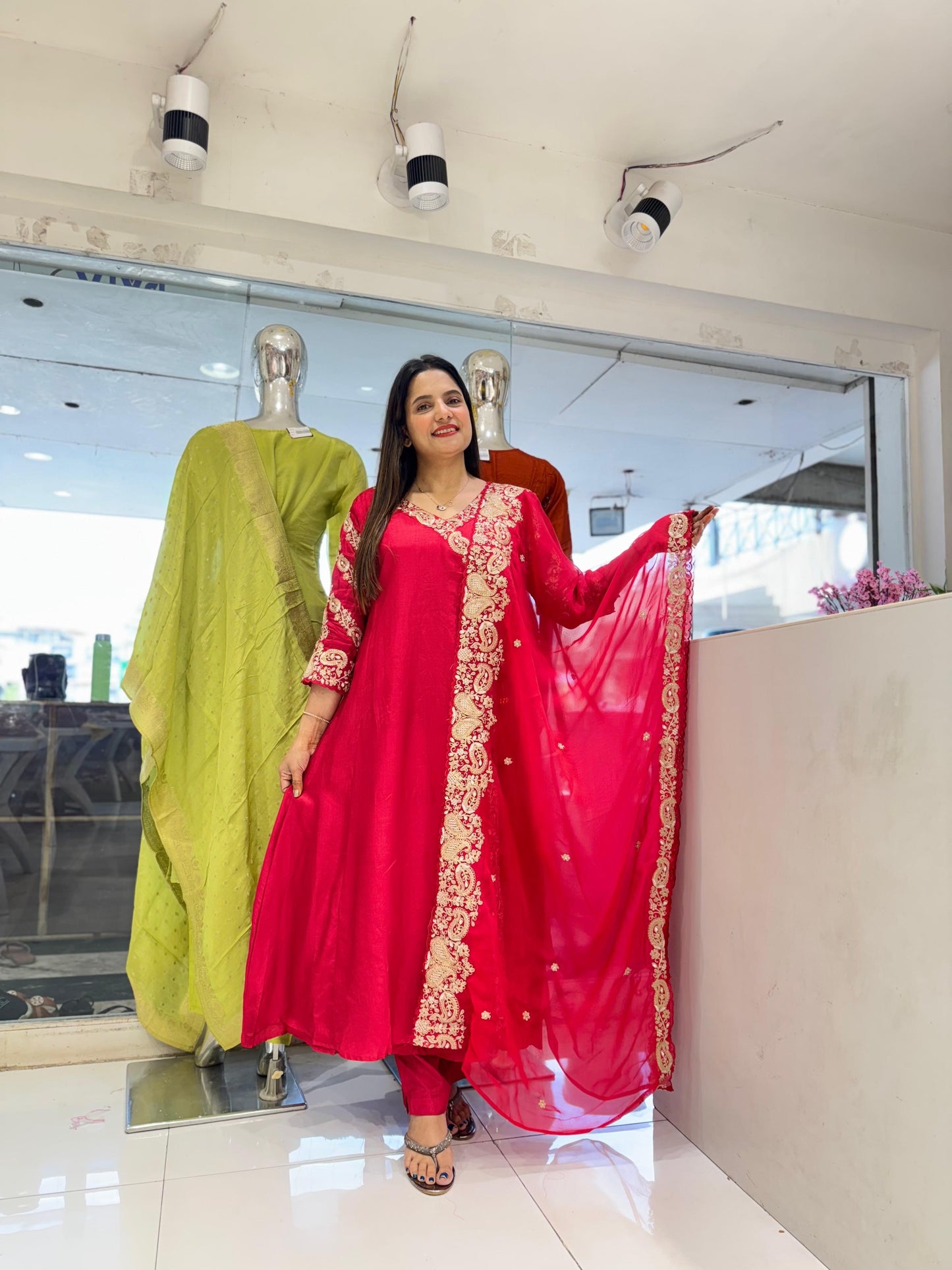 Pure Dola Silk Angrakha Anarkali Festive Wear 3pc Suit Red Colour