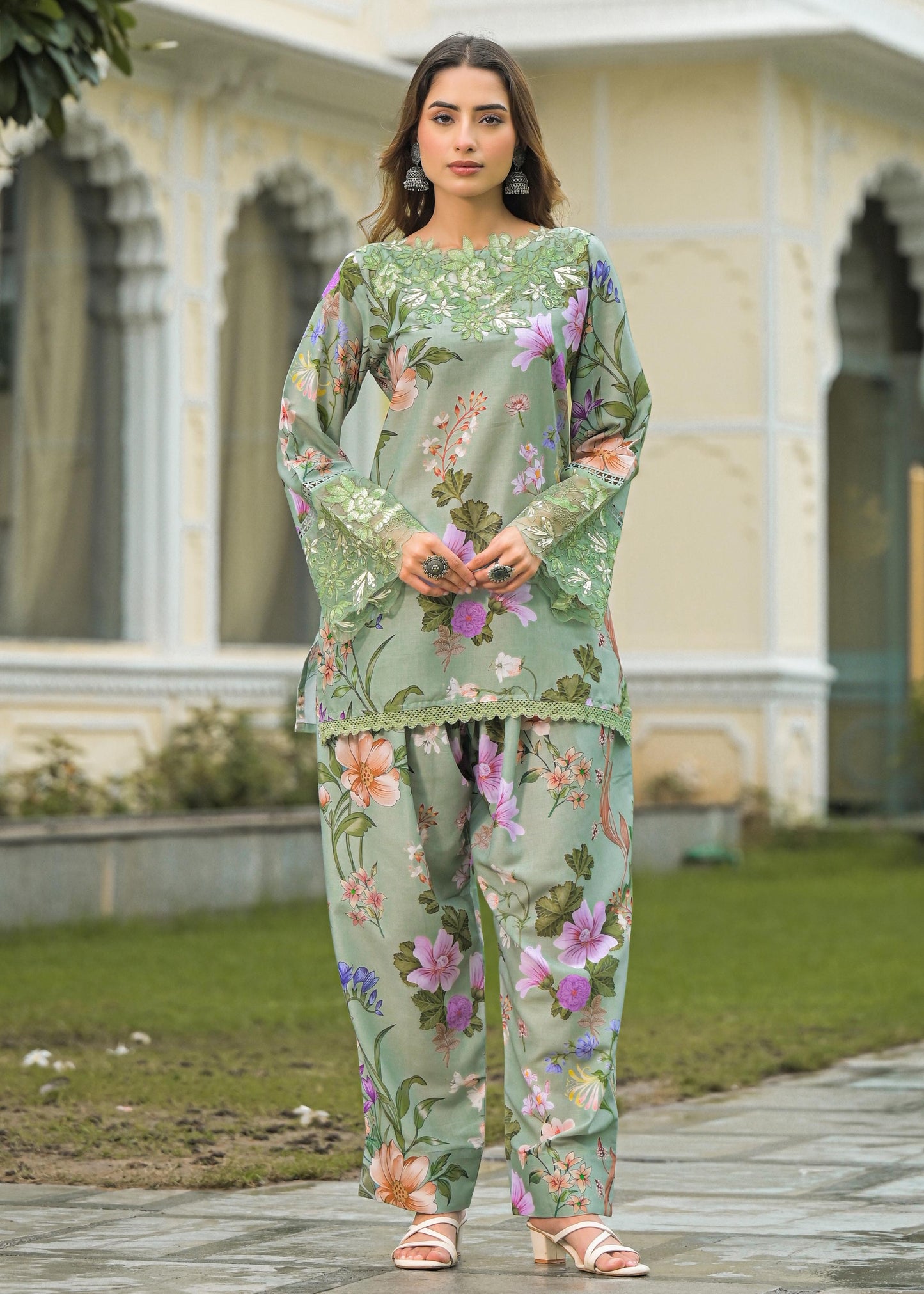Pure Muslin Cotton Applique Work Digital Print Farsi Salwar Pakistani Style 3pc Set Green Color