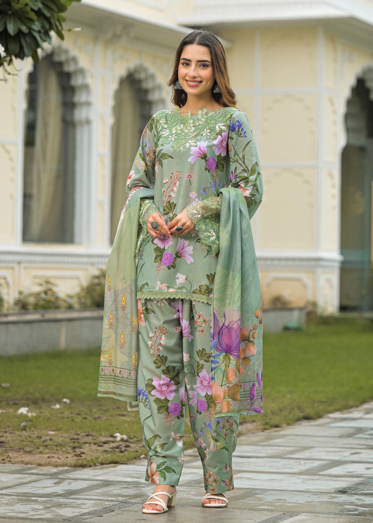 Pure Muslin Cotton Applique Work Digital Print Farsi Salwar Pakistani Style 3pc Set Green Color