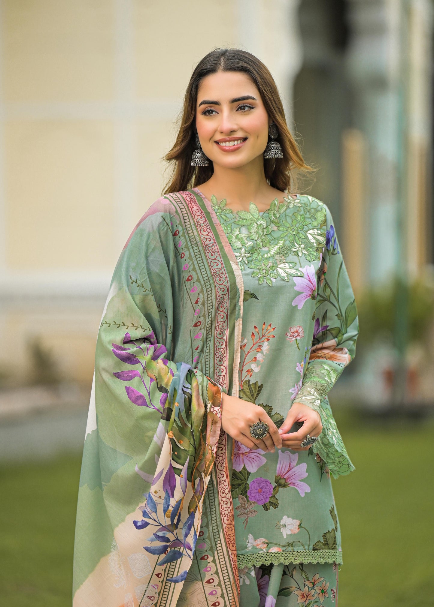 Pure Muslin Cotton Applique Work Digital Print Farsi Salwar Pakistani Style 3pc Set Green Color