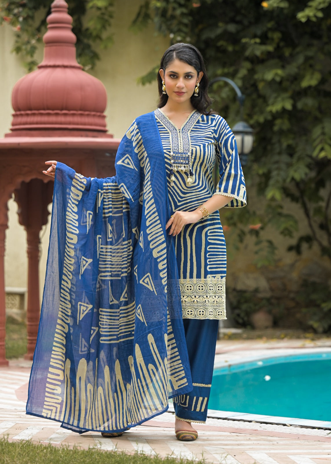 Pure Cotton Farsi Salwar Digital Print 3pc Set Blue Color