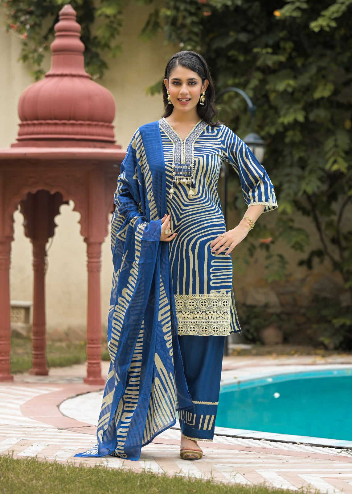 Pure Cotton Farsi Salwar Digital Print 3pc Set Blue Color