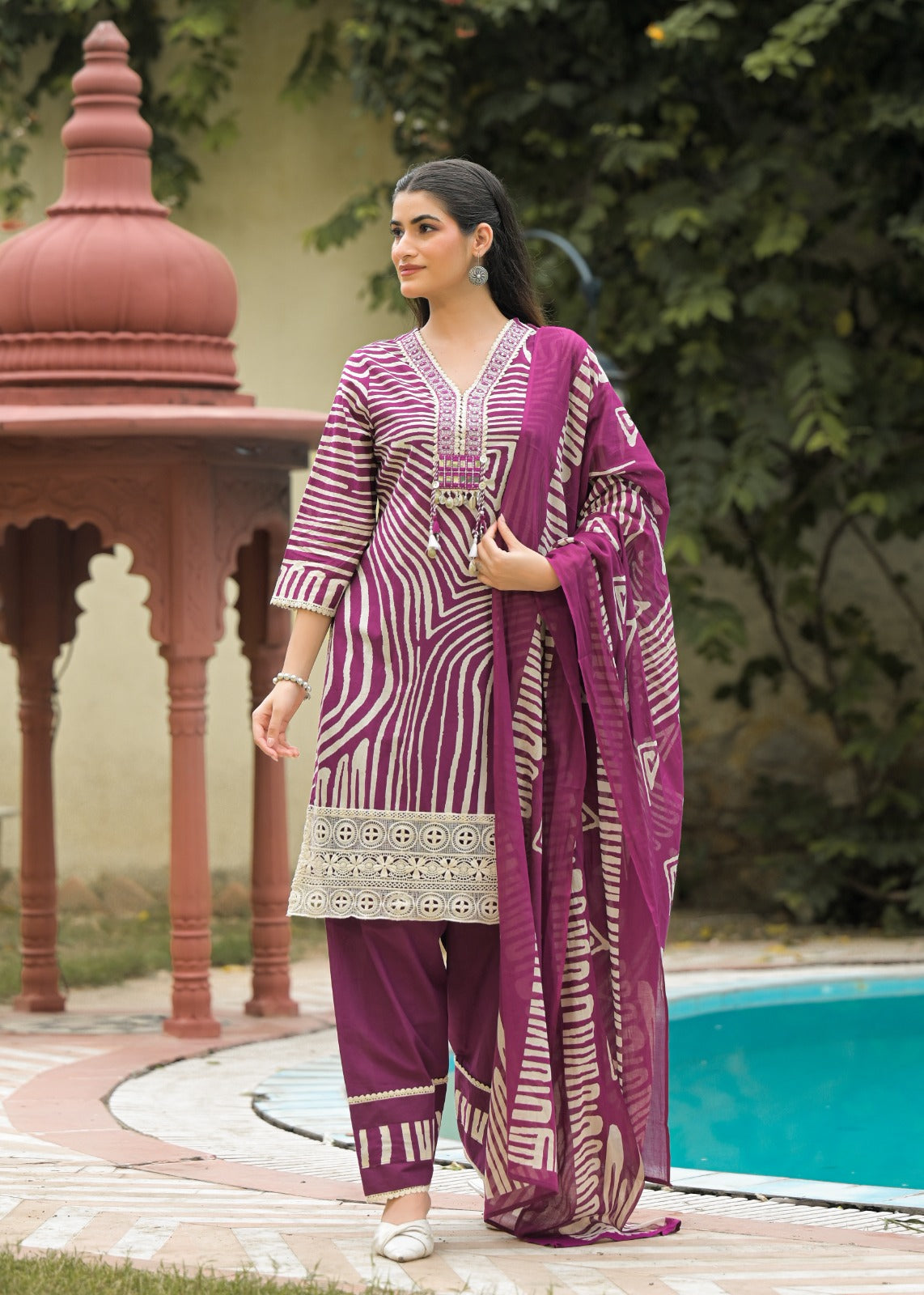 Pure Cotton Farsi Salwar Digital Print 3pc Set Purple Color