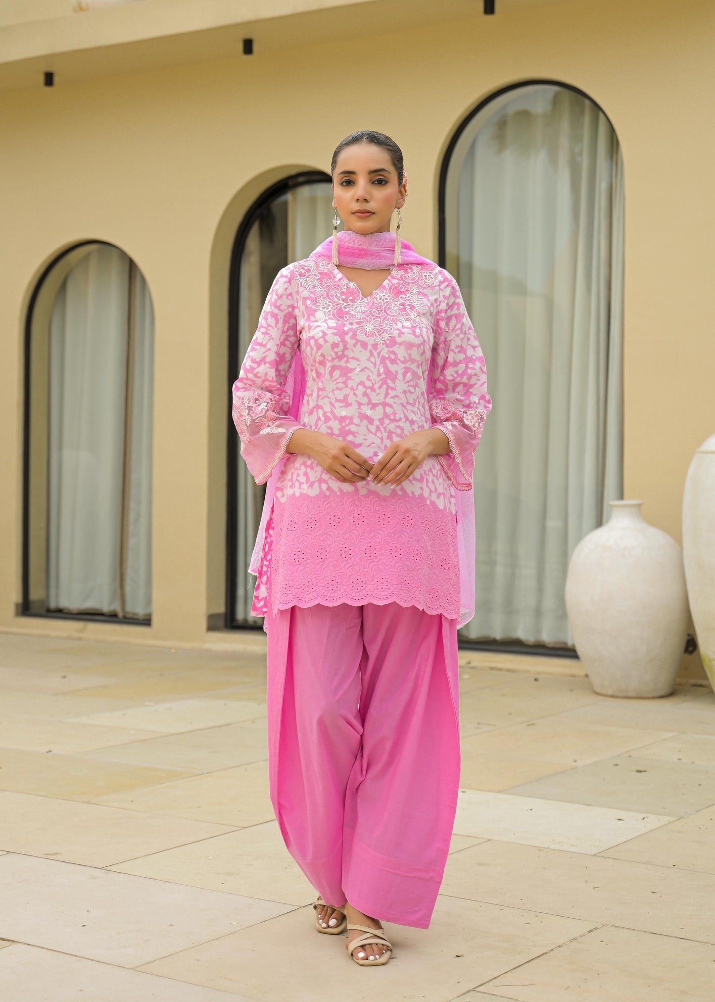 Pure Cotton Applique Work Batik Print Farsi Salwar 3pc Set Baby Pink Color
