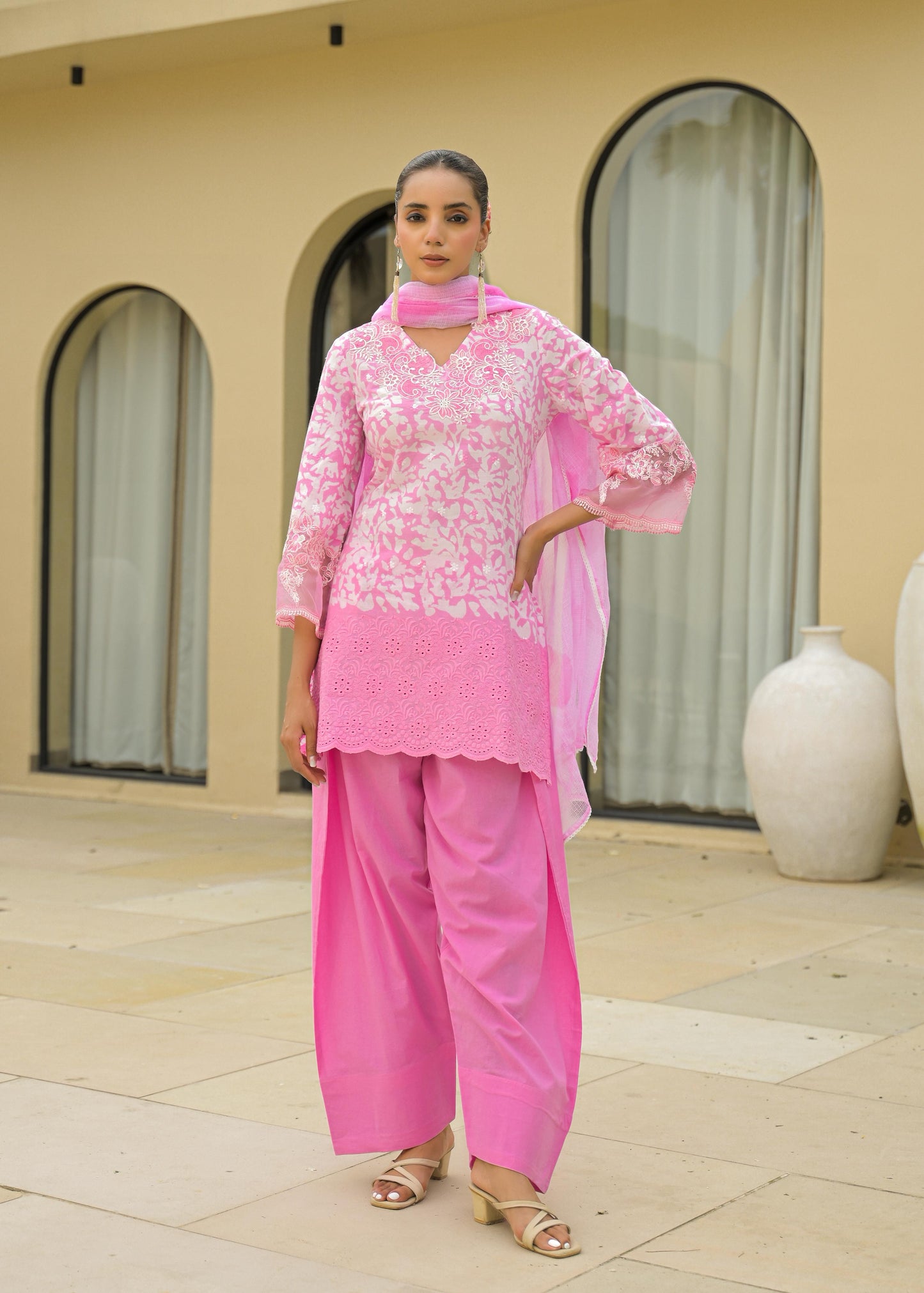 Pure Cotton Applique Work Batik Print Farsi Salwar 3pc Set Baby Pink Color