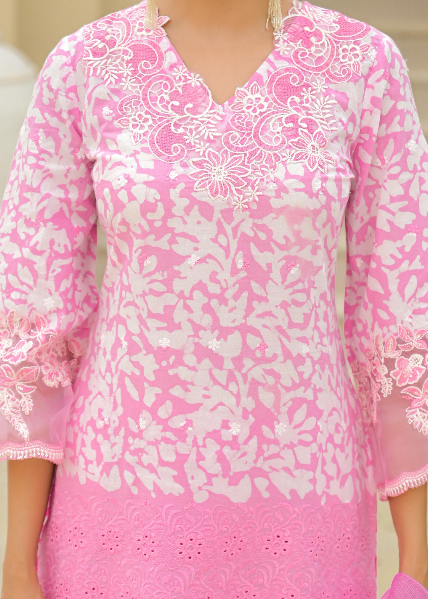 Pure Cotton Applique Work Batik Print Farsi Salwar 3pc Set Baby Pink Color