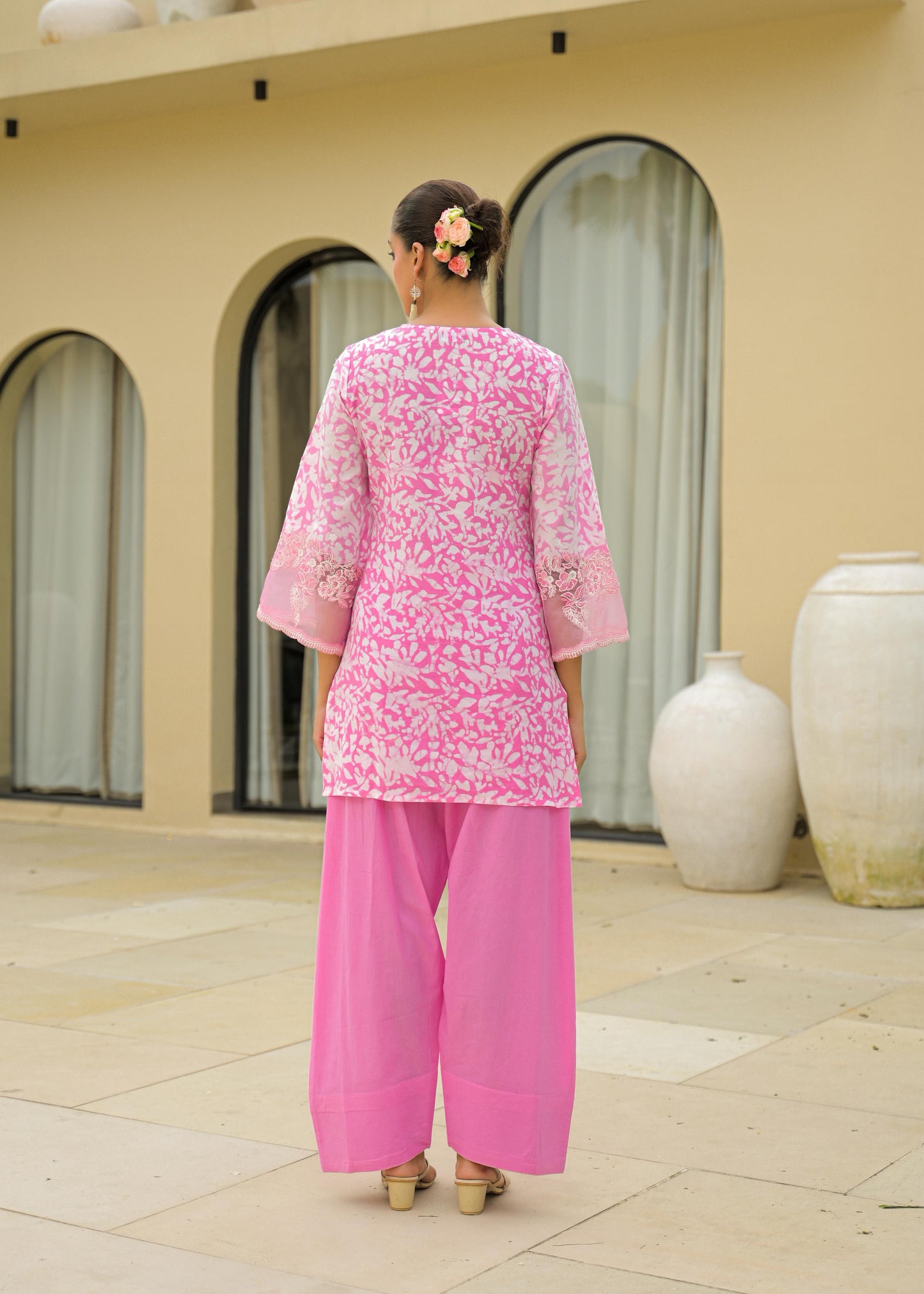 Pure Cotton Applique Work Batik Print Farsi Salwar 3pc Set Baby Pink Color