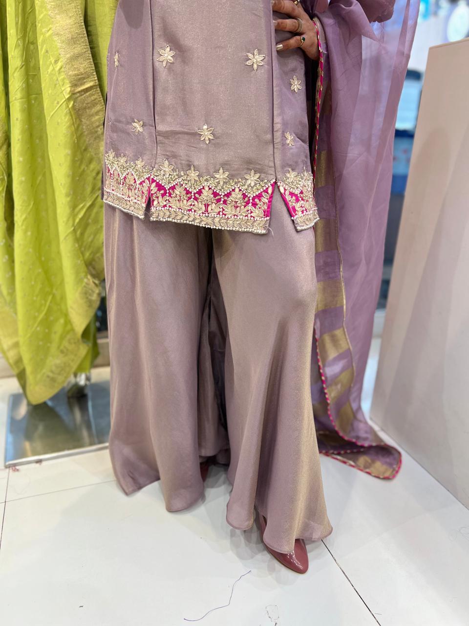 Pure Simmer Tissue Pearl Handwork Gotta Patti Work Party Wear 3pc Set Purple Color