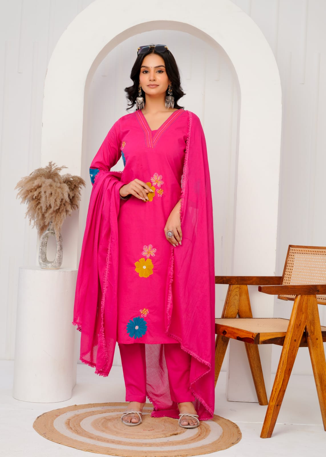 Pure Cotton Embrodeiry Work 3pc Set Rani Pink Color