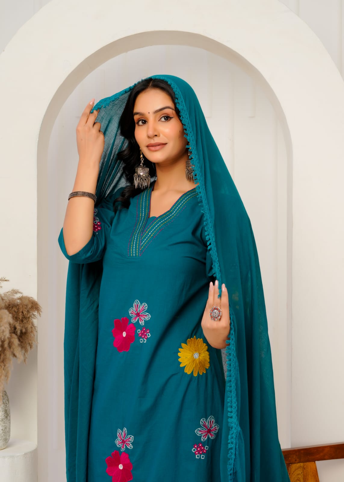 Pure Cotton Embrodeiry Work 3pc Set Pecock Green Color