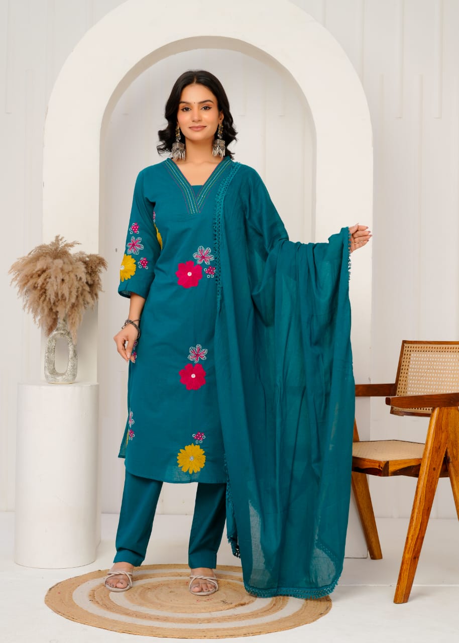 Pure Cotton Embrodeiry Work 3pc Set Pecock Green Color