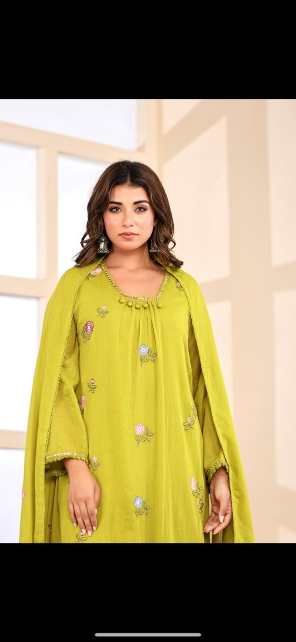Pure Mull Cotton Anarkali embroidery work 3pc Set green color