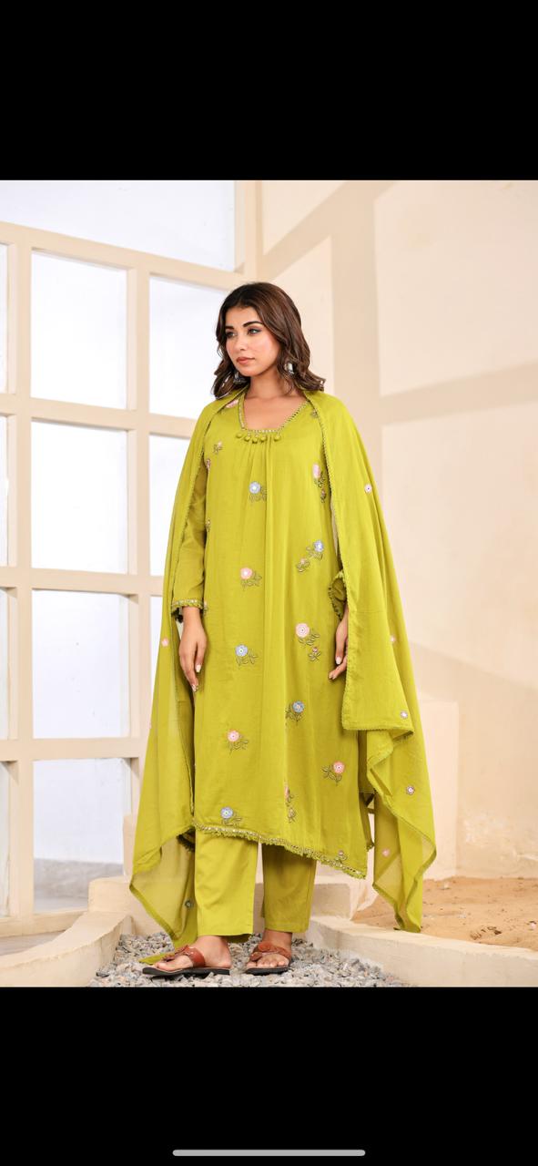 Pure Mull Cotton Anarkali embroidery work 3pc Set green color