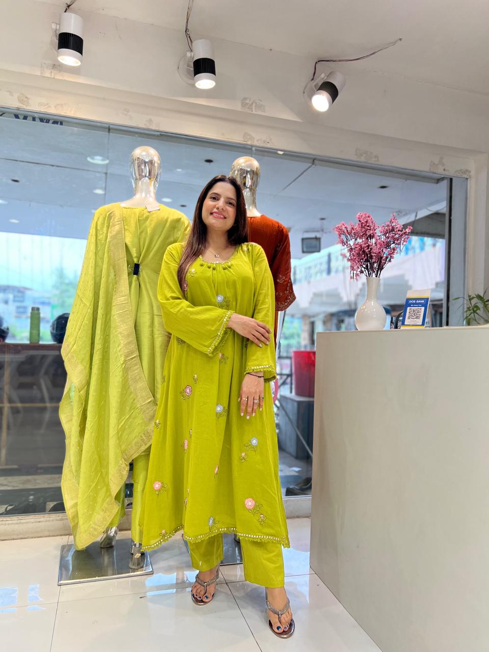 Pure Mull Cotton Anarkali embroidery work 3pc Set green color