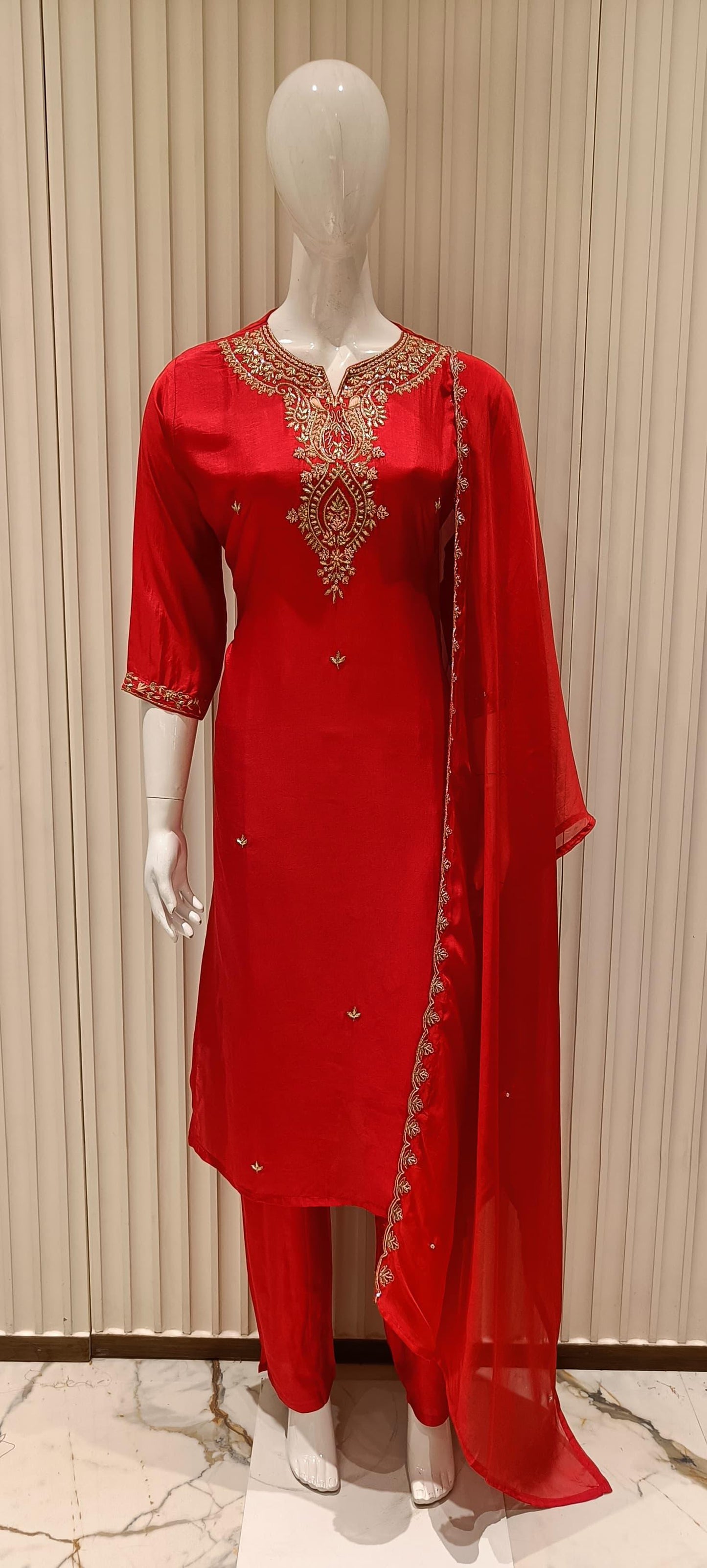 Pure Dola Silk Cutdana Heavy Handwork Party Wear 3pc Set Red Color