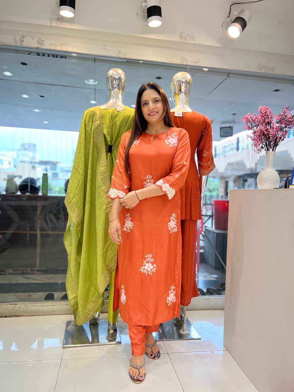 Pure Russian Silk Thread Work 3pc Set Orange Color