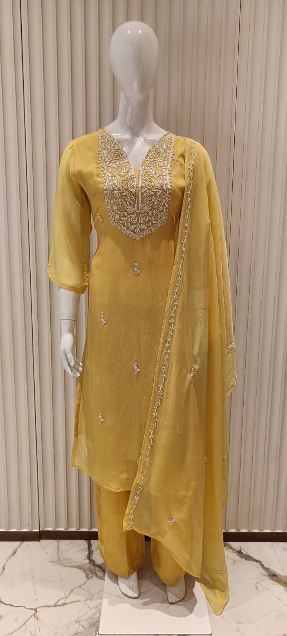 Pure Viscoce Organza Lucknowi Katha Work Party Wear 3pc Set Lemon Yellow Color