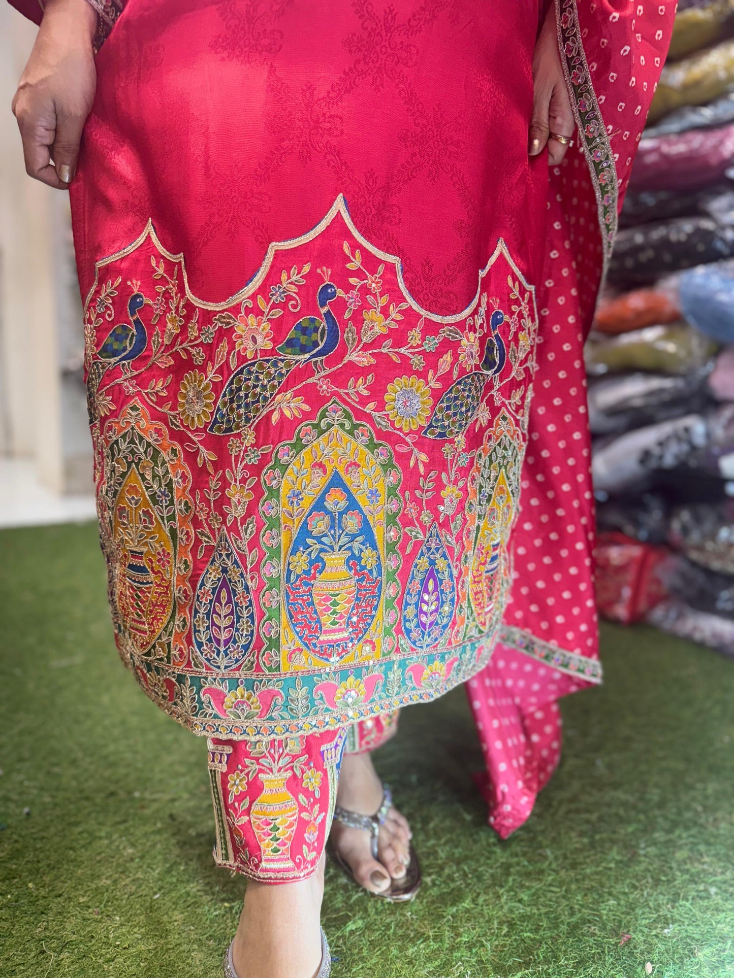Pure Russian Jacquard Weaving Pichwai Art Party Wear 3pc Set Red Color
