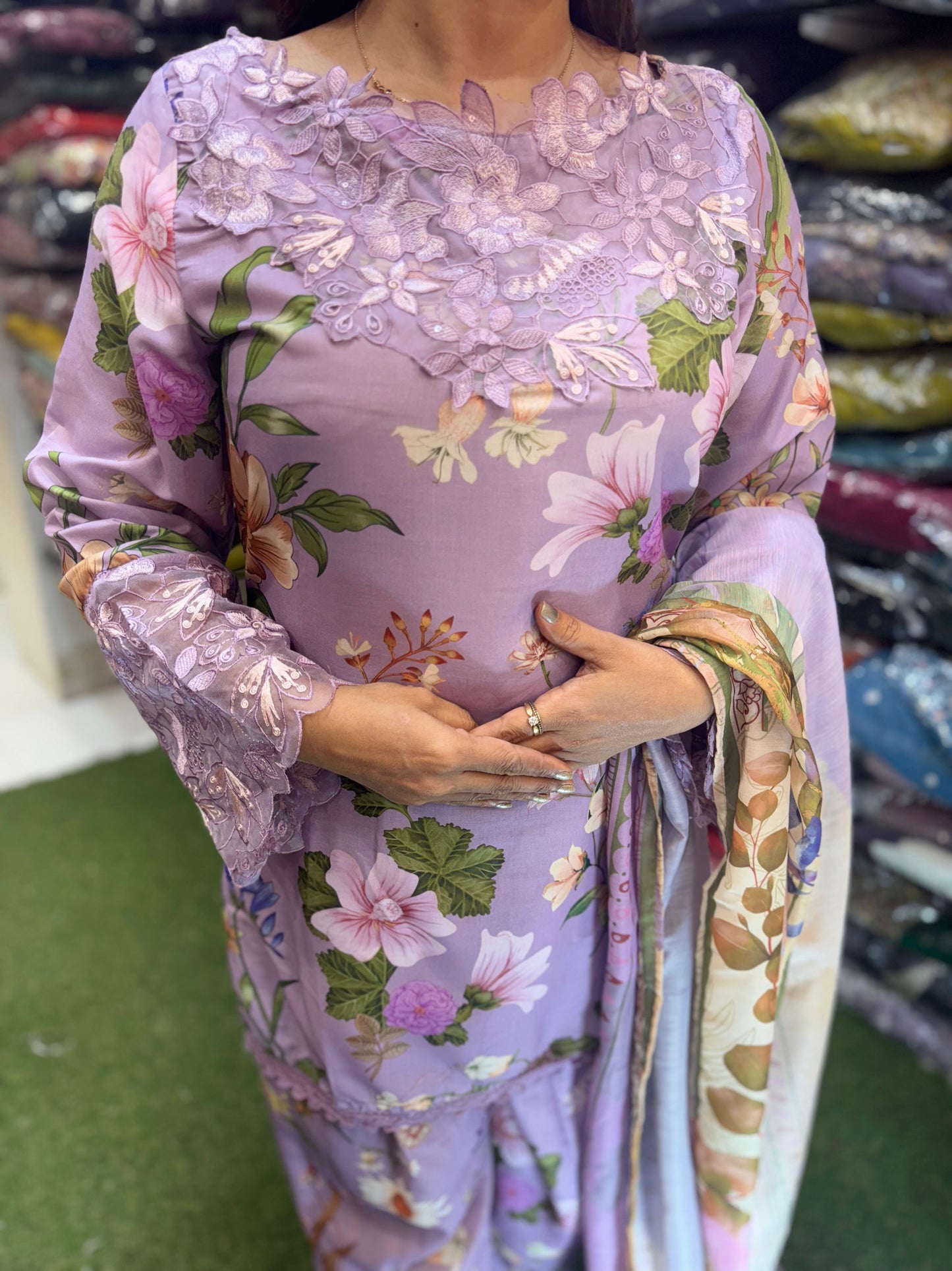 Pure Muslin Cotton Applique Work Digital Print Farsi Salwar Pakistani Style 3pc Set Purple Color