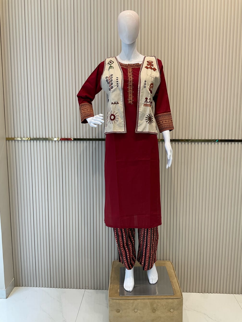 Pure Cotton Detailing Work 2pc Set With Jacket Maroon Color