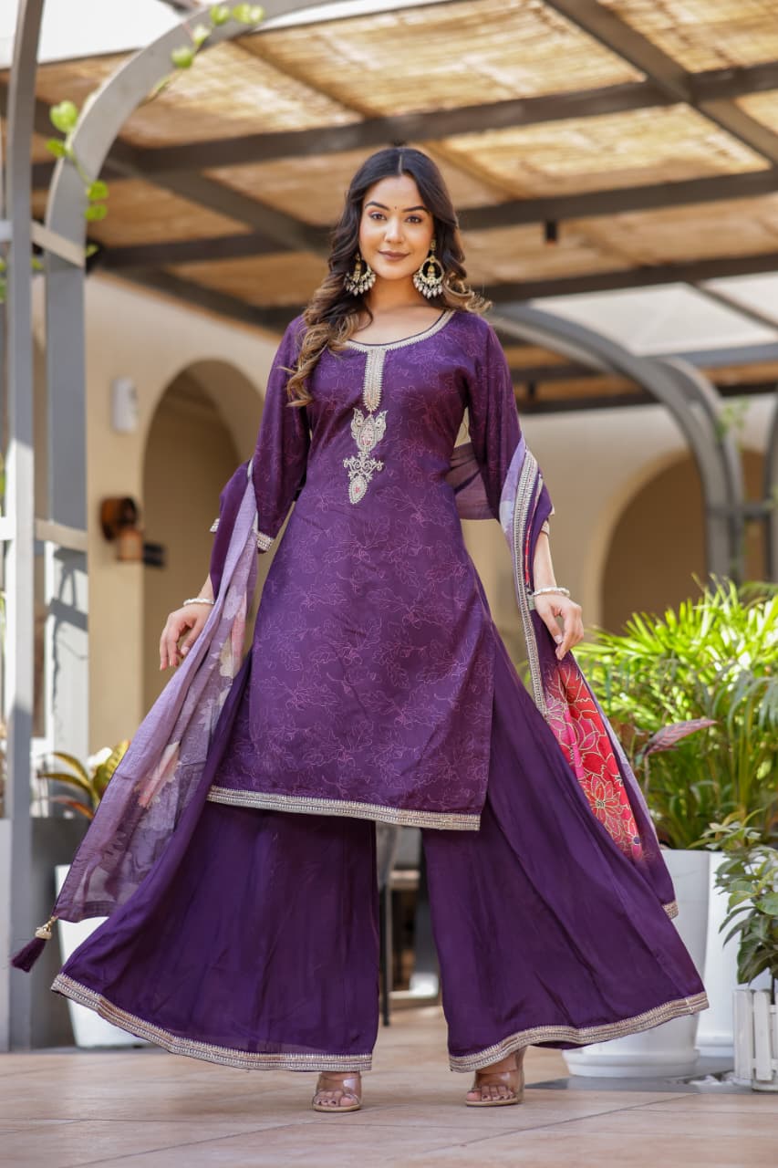 Pure Butter Muslin Jari Sequence Work Digital Print Party Wear 3pc Set Wine Color
