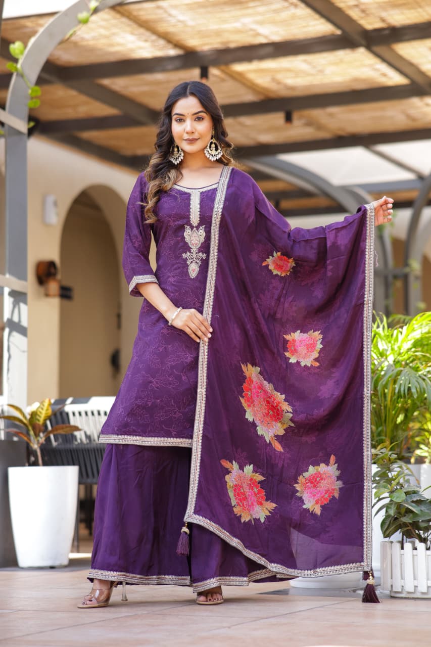 Pure Butter Muslin Jari Sequence Work Digital Print Party Wear 3pc Set Wine Color