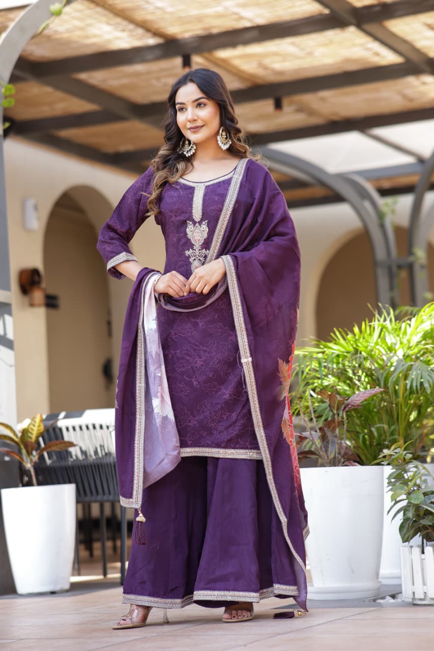Pure Butter Muslin Jari Sequence Work Digital Print Party Wear 3pc Set Wine Color