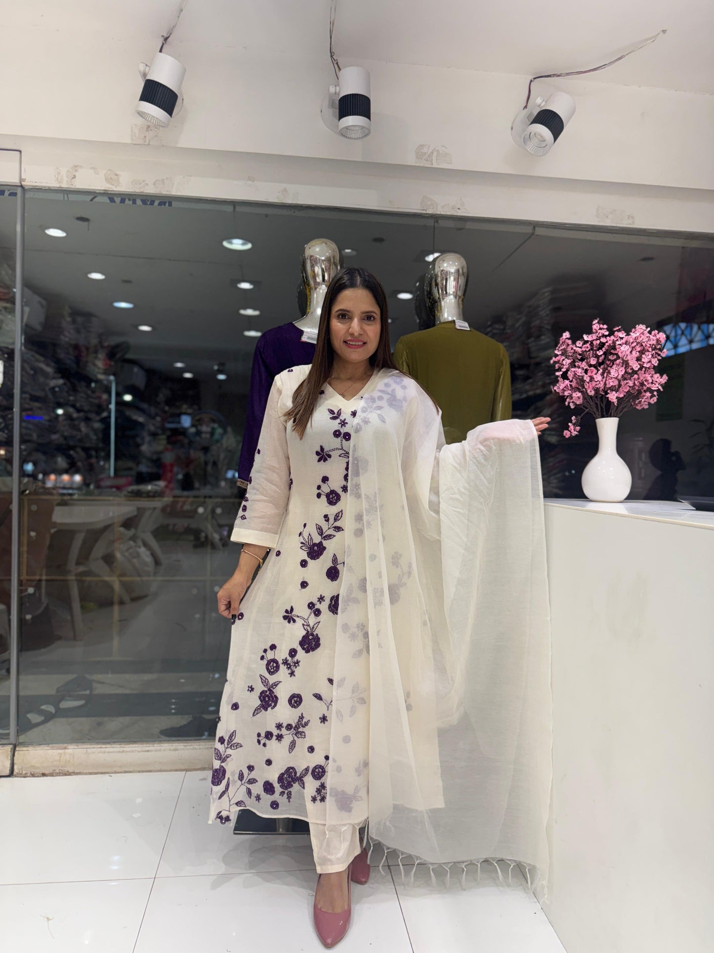 Pure Banaras Mull Chanderi Katha Work Party Wear 3pc Set Off White and Purple Color