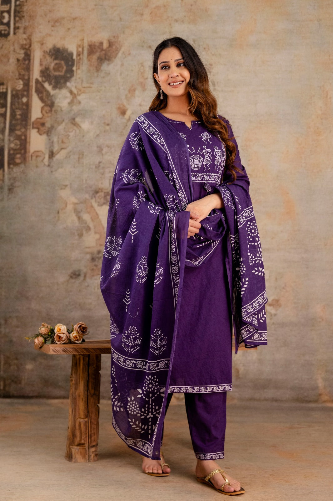 Pure Cotton Figure Print Casual Wear 3pc Suit Purple Color