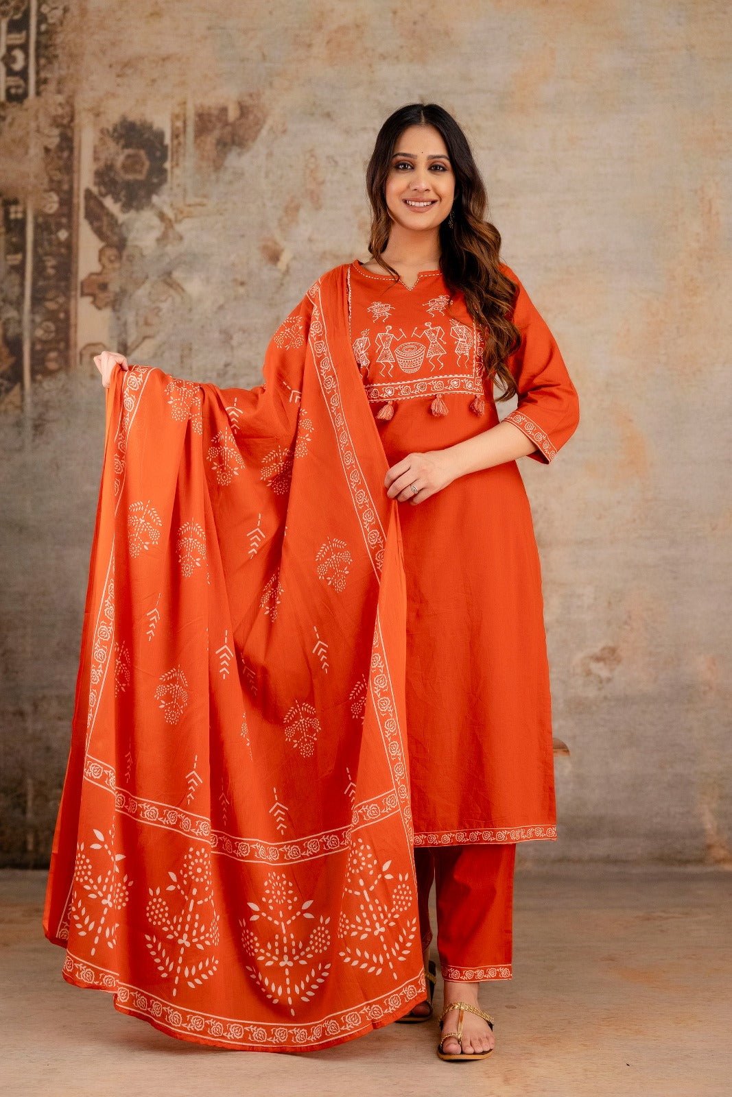 Pure Cotton Figure Print Casual Wear 3pc Suit Rust Orange Color