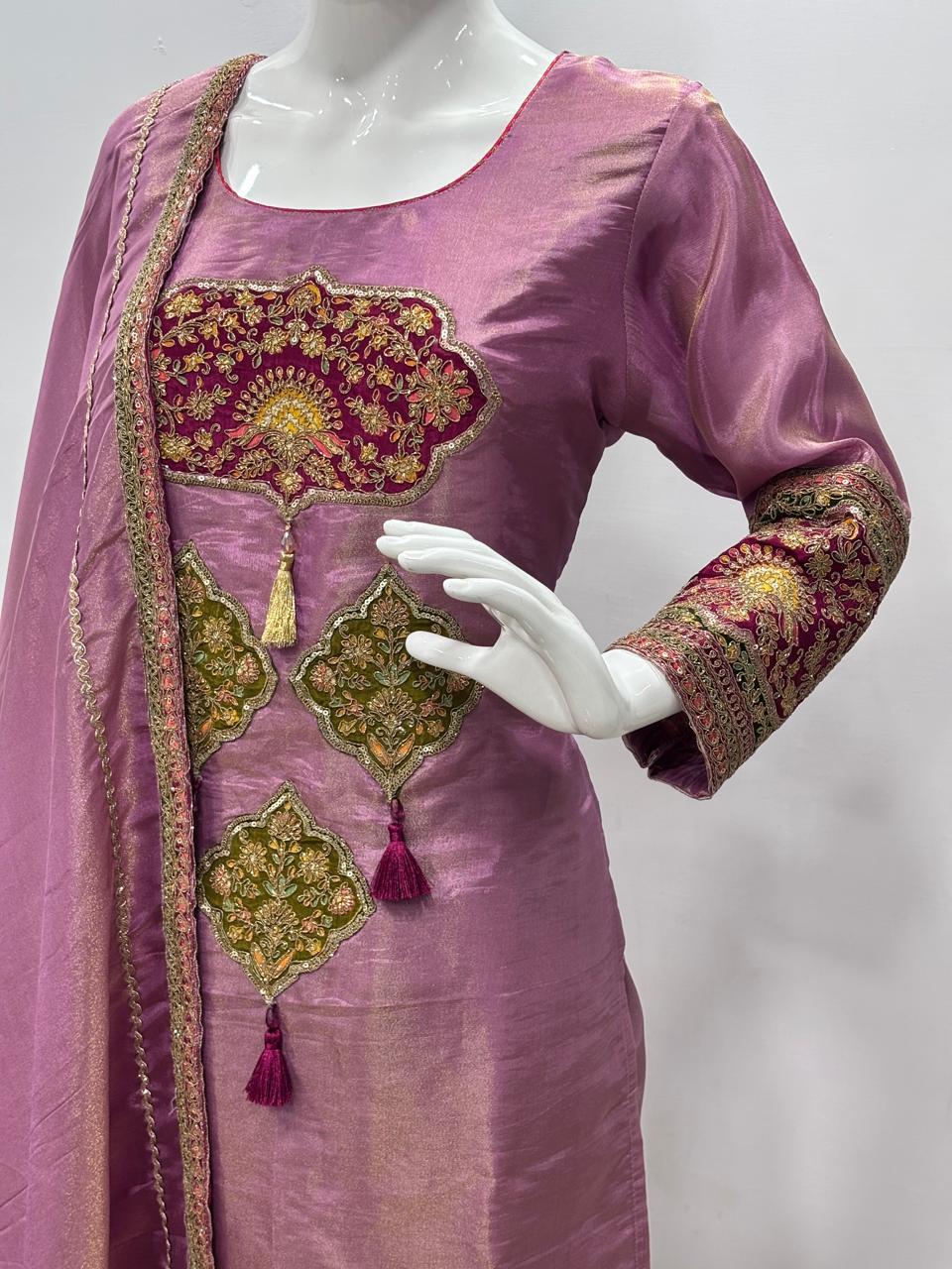 Pure Simmer Tissue Pichwai Art Detailing Work Party Wear 3pc Suit Purple Color