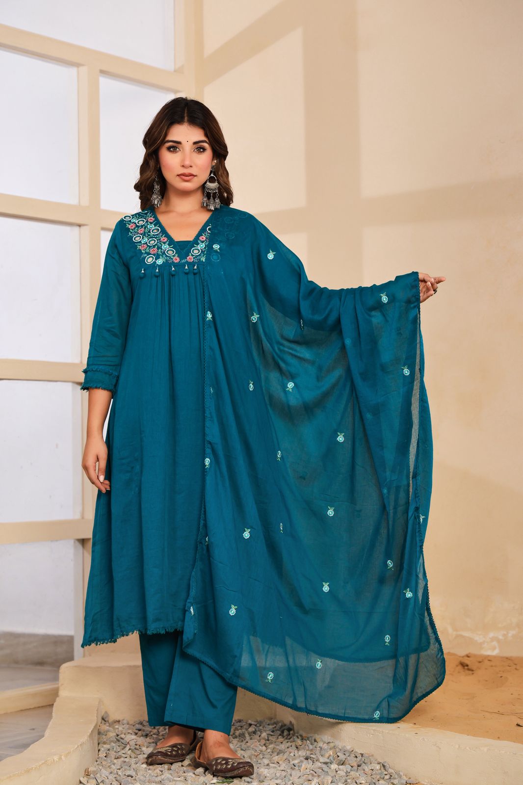 Mull Cotton Anarkali Rama Green 3pc Set