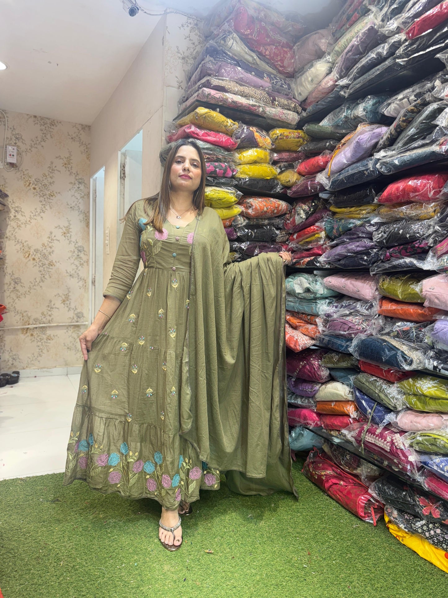 Mull Cotton Anarkali Olive Green 3pc Set