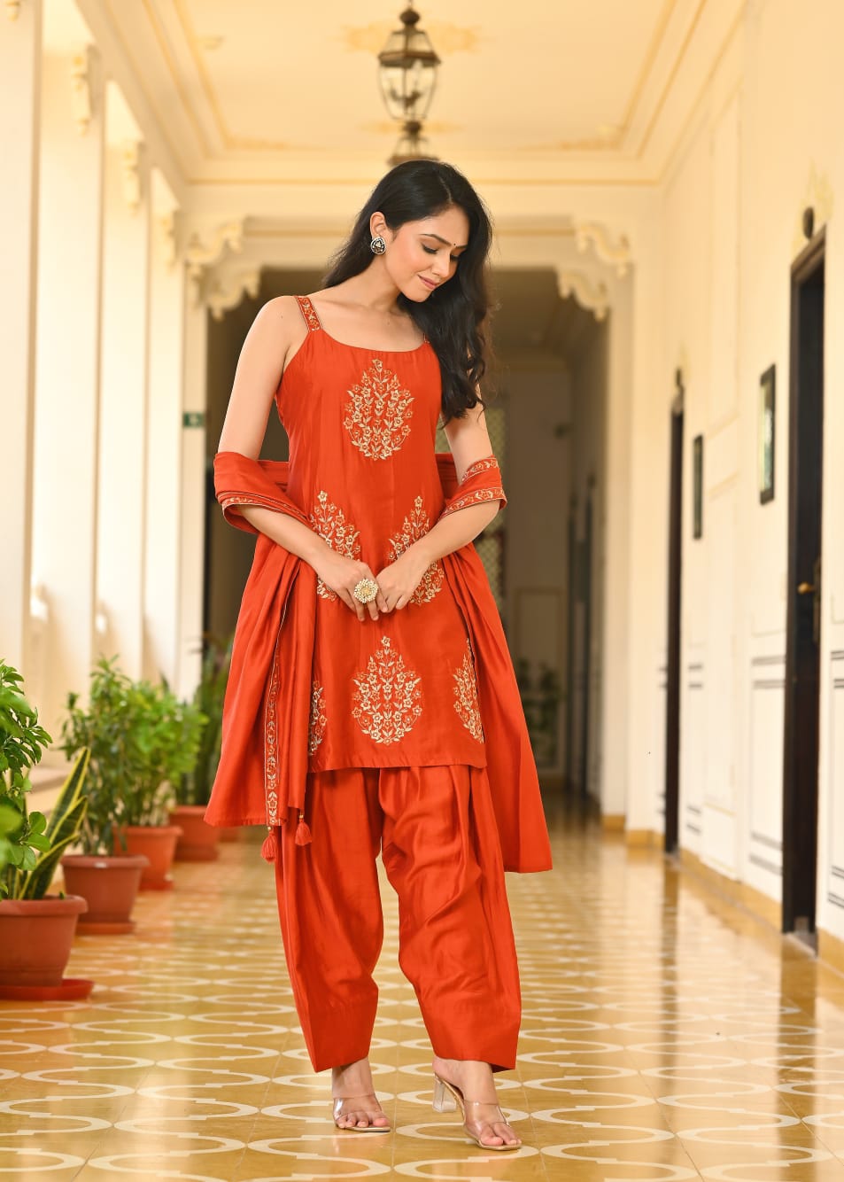 Cotton Silk Farsi Salwar Orange 3pc Set