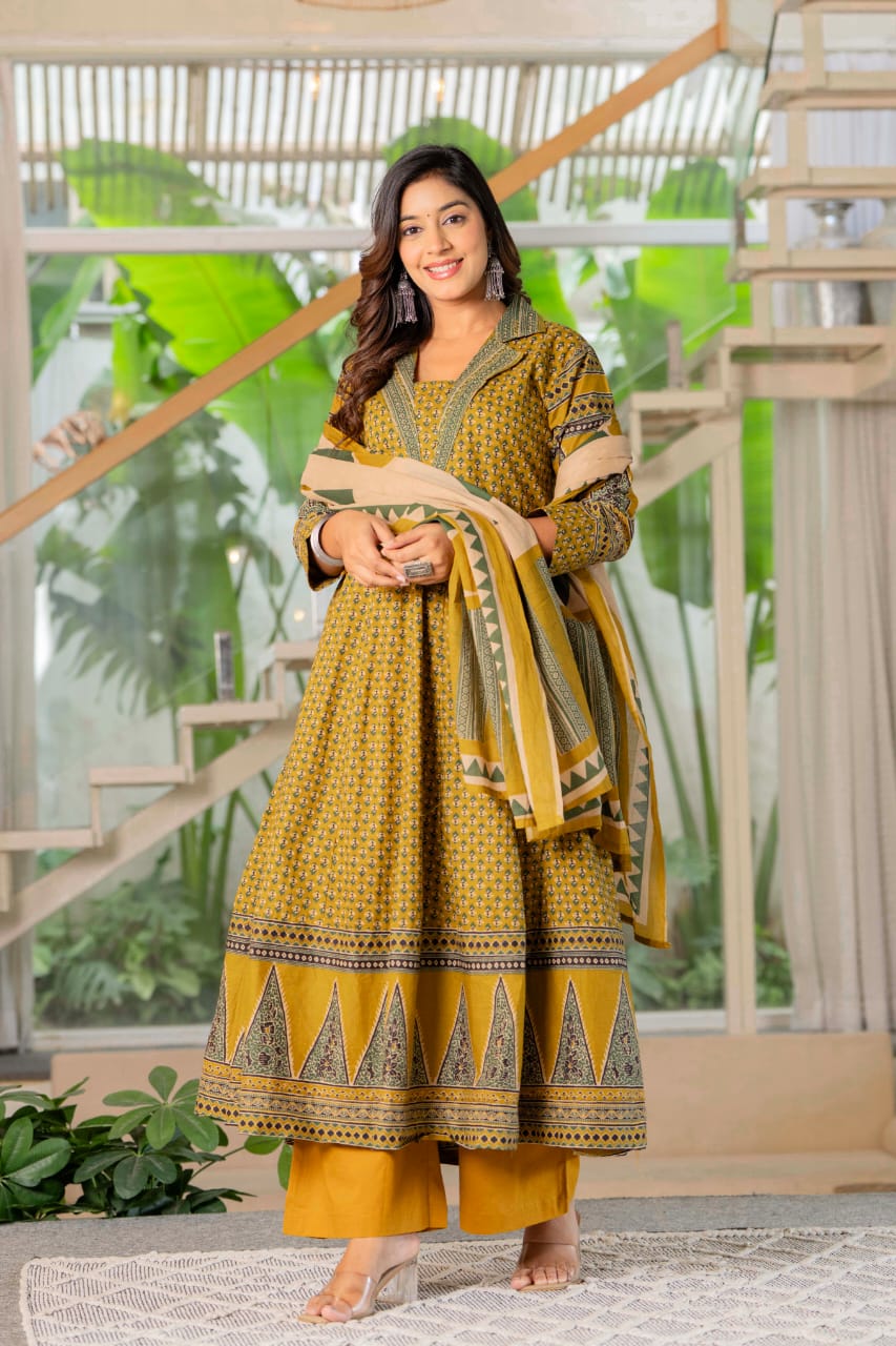 Cotton Yellow Anarkali 3pc Set