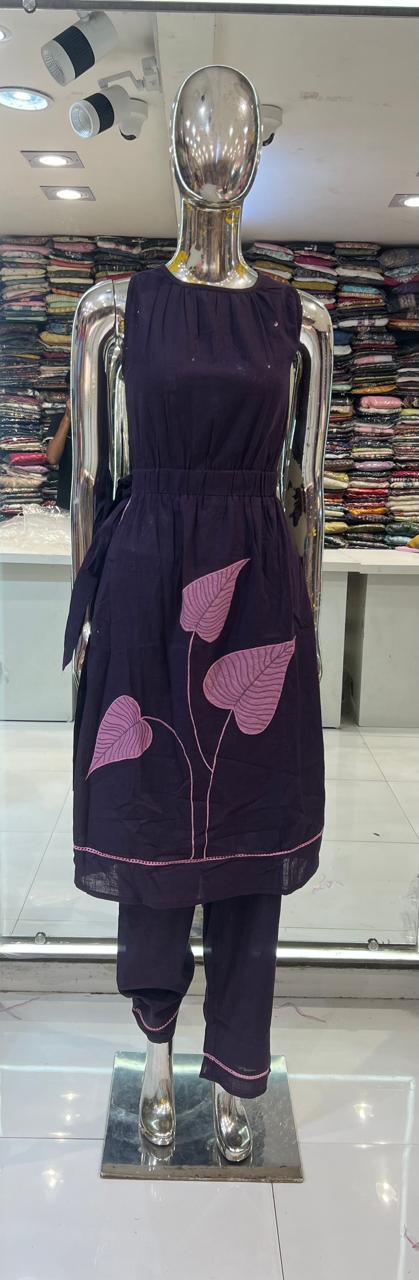 Pure Cotton Applique Work Midi With Bottom Purple Color
