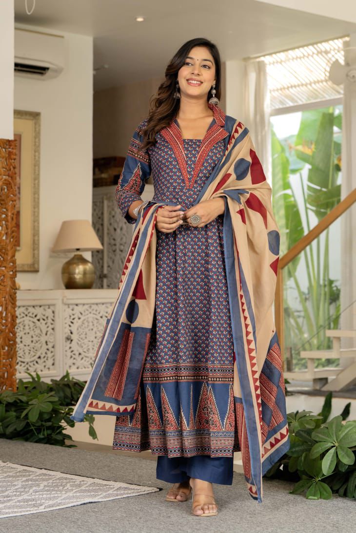 Cotton Blue Anarkali 3pc Set