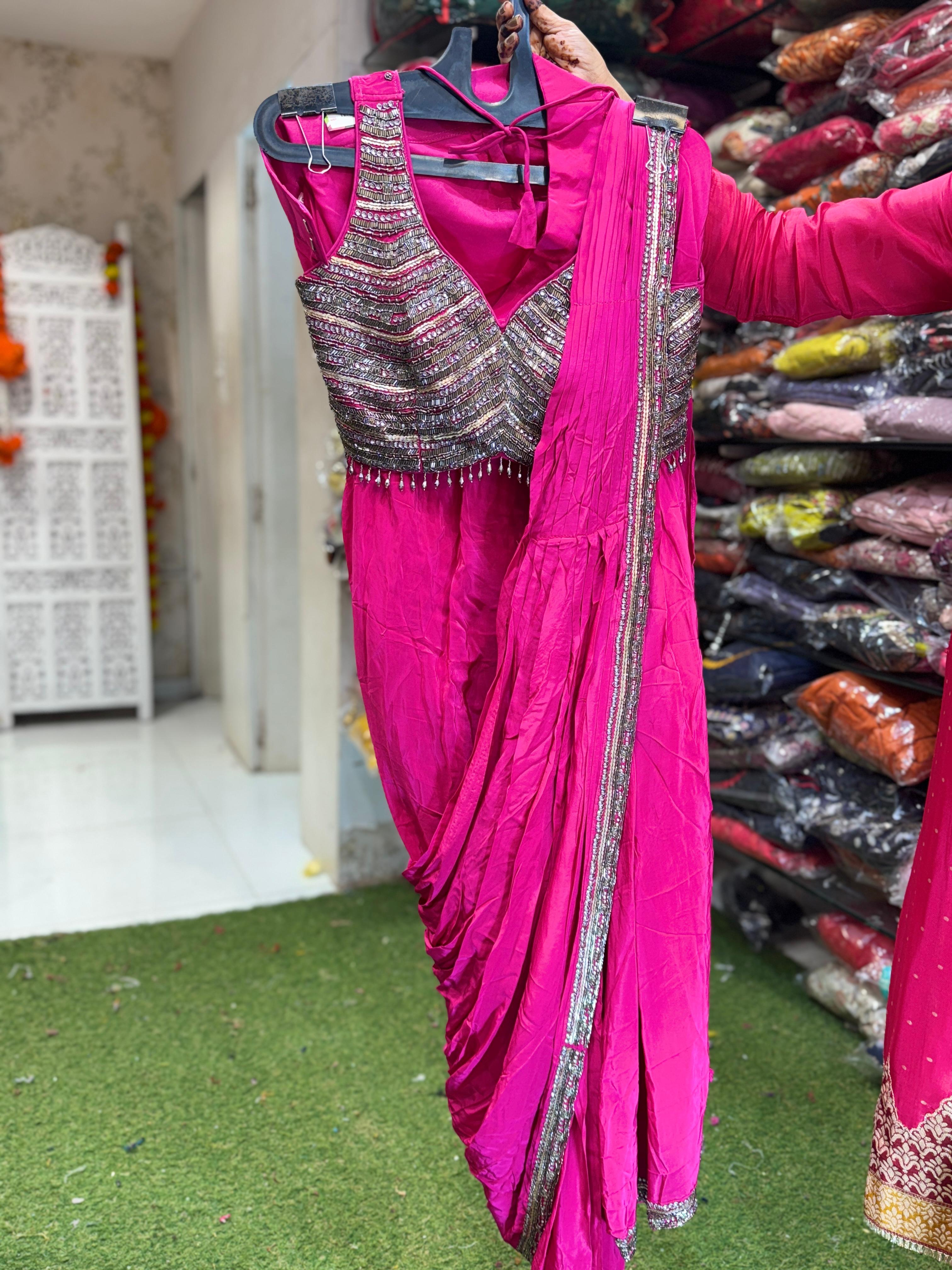 Pure Crep Ready To Wear Saree Pink Color